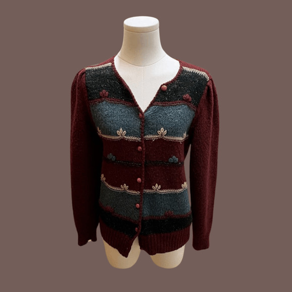 Flocks Sheep Cardigan | Burgundy Knit Embroidery | Size S | Vintage - Picture 1 of 4